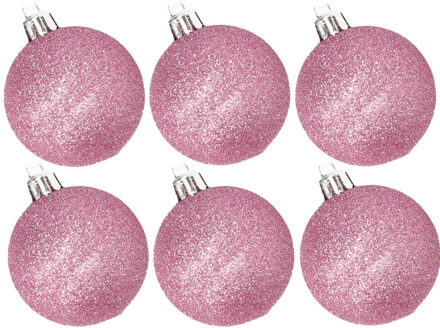 Cosy&Trendy 6x stuks kunststof glitter kerstballen roze 8 cm - Kerstbal