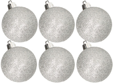 Cosy&Trendy 6x stuks kunststof glitter kerstballen zilver 6 cm - Kerstbal Zilverkleurig