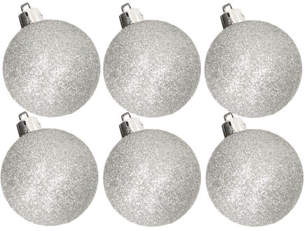 Cosy&Trendy 6x stuks kunststof glitter kerstballen zilver 8 cm - Kerstbal Zilverkleurig