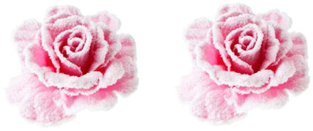 Cosy&Trendy 6x stuks pastel roze rozen met sneeuw op clip 10 cm - kerstversiering