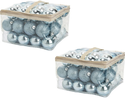 Cosy&Trendy 96x stuks kunststof kerstballen ijsblauw 6 cm in opbergtassen/opbergboxen
