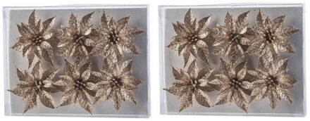 Cosy&Trendy Bloemen op clip - 18x st - champagne - glitter - 8 cm - kerstversiering