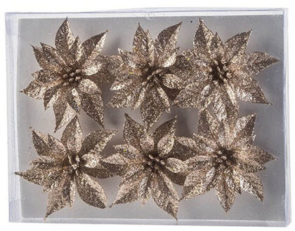 Cosy&Trendy Bloemen op clip - 6x st - champagne - glitter - 8 cm - kerstversiering