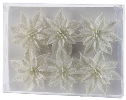 Cosy&Trendy Bloemen op clip - 6x st - wit - glitter - 8 cm - kerstversiering