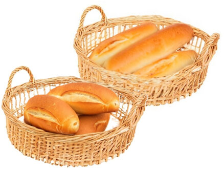 Cosy&Trendy Broodmandje/opbergmand met hengsels - 2x - gevlochten wilgen tak - lichtbruin - D36 x H14 cm