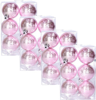 Cosy&Trendy cirkel motief kerstballen - 24x - roze - Dia 6 cm - kunststof