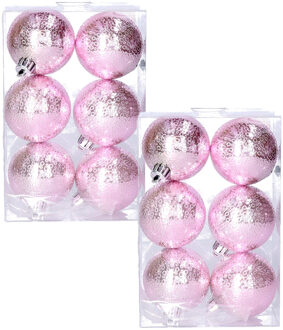 Cosy&Trendy cirkel motief kerstballen - 2x - roze - Dia 6 cm - kunststof