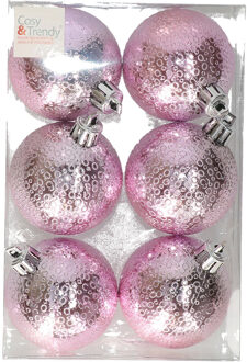 Cosy&Trendy cirkel motief kerstballen - roze - Dia 6 cm - kunststof
