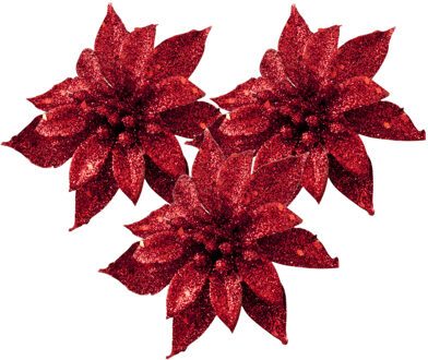 Cosy&Trendy Cosy and Trendy kerst bloem op clip - 3x- rood -8 cm - glitters - Kersthangers