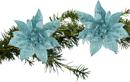 Cosy&Trendy Decoratie bloem - 2x stuks - kerstster - op clip - blauw - glitter -15 cm - kunststof - kerstversier