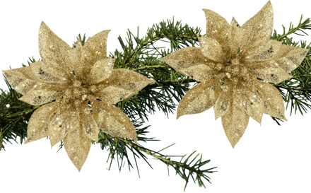 Cosy&Trendy Decoratie bloem - 2x stuks - kerstster - op clip - goud - glitter -15 cm - kunststof - kerstversieri
