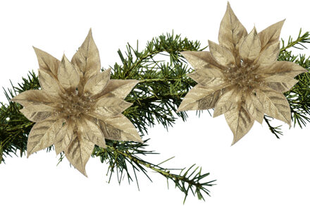 Cosy&Trendy Decoratie bloem - 2x stuks - kerstster - op clip - goud - glitter -18 cm - kunststof - kerstversieri