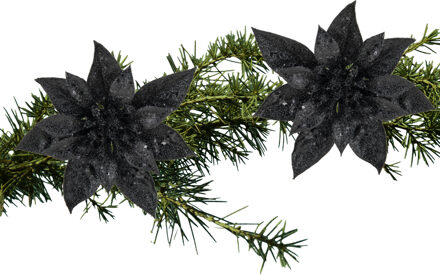 Cosy&Trendy Decoratie bloem - 2x stuks - kerstster - op clip - zwart - glitter -15 cm - kunststof - kerstversier