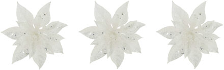Cosy&Trendy Decoratie bloem - 3x stuks - kerstster - op clip - wit - glitter -15 cm - kunststof - kerstversierin