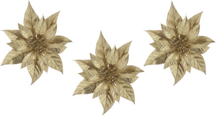 Cosy&Trendy Decoratie bloem - 6x stuks - kerstster - op clip - goud - glitter -18 cm - kunststof - kerstversieri