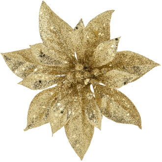 Cosy&Trendy Decoratie bloem - kerstster - clip - goud - glitter