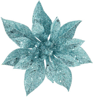 Cosy&Trendy Decoratie bloem - kerstster - op clip - blauw - glitter -15 cm - kunststof - kerstversiering