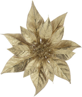 Cosy&Trendy Decoratie bloem - kerstster - op clip - goud - glitter -18 cm - kunststof - kerstversiering
