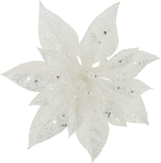 Cosy&Trendy Decoratie bloem - kerstster - op clip - wit - glitter -15 cm - kunststof - kerstversiering