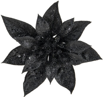 Cosy&Trendy Decoratie bloem - kerstster - op clip - zwart - glitter -15 cm - kunststof - kerstversiering
