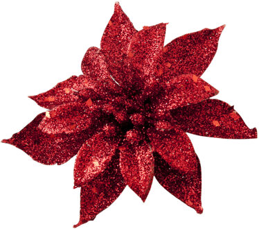 Cosy&Trendy Decoratie bloem - op clip - rood - 8 cm - glitters - kunststof