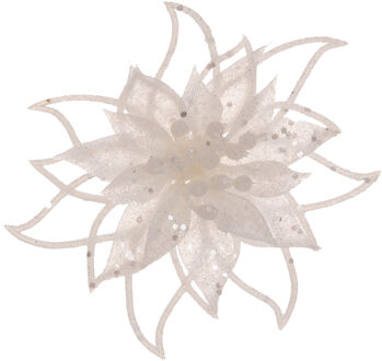 Cosy&Trendy Decoratie bloem - op clip - wit - 14 cm - glitters - kunststof