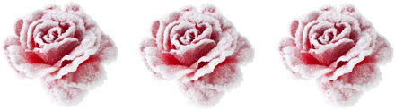 Cosy&Trendy decoratie bloemen - 4x stuks - roos - rozen - roze met sneeuw - op clip - 15 cm - kers