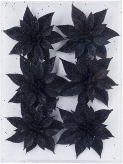 Cosy&Trendy Decoratie bloemen - 6x - glitter zwart - op ijzerdraad - 8 cm - kerstdecoratie