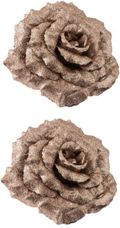 Cosy&Trendy Decoratie bloemen roos - champagne - glitter - 6x stuks - op clip - 18 cm