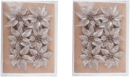 Cosy&Trendy Decoratie rozen bloemen - 24x st - champagne - glitter - op clip - 8 cm - kerstversiering