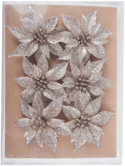 Cosy&Trendy Decoratie rozen bloemen - 6x st - champagne - glitter - op clip - 8 cm - kerstversiering