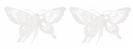 Cosy&Trendy Decoratie vlinder op clip - 2x - wit - 15 x 11 cm - glitters