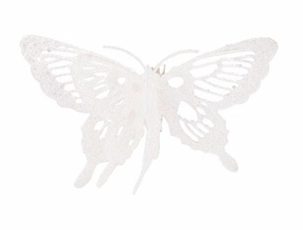Cosy&Trendy Decoratie vlinder - op clip - wit - - 15 x 11 cm - glitters - kerstvlinder - kerstversiering