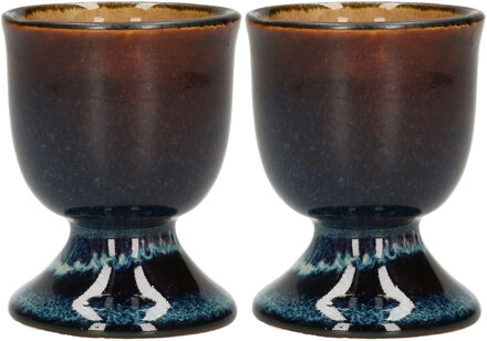 Cosy&Trendy Eierdopje - 2x stuks - porselein - blauw/bruin - 5 cm - eierdopjes