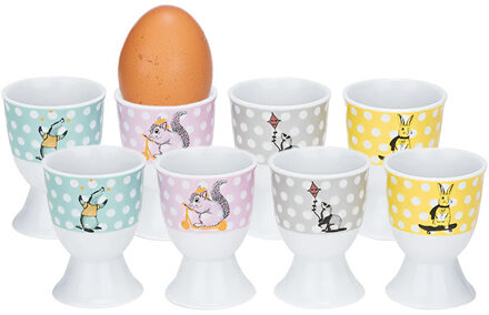 Cosy&Trendy Eierdopjes - dieren - 8-delig - porselein - wit - D5 x H6.7 cm