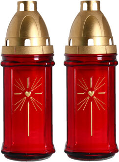 Cosy&Trendy Grafkaars/gedenklicht met deksel rood 8 x 22 cm - 2x stuks - 3 dagen brandtijd - Graflichten/herdenk