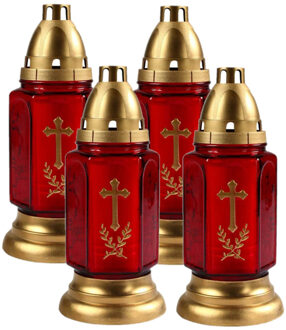 Cosy&Trendy Grafkaars/gedenklicht met deksel - Set van 4x stuks - rood/goud - 11 x 24 cm - 3 dagen brandtijd - G