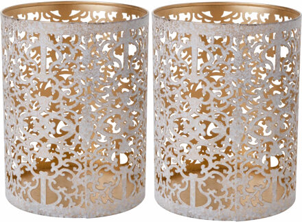 Cosy&Trendy kaarsenhouder Waxinelichtjes - 2x - wit goud - antiek look sfeer - H13 cm