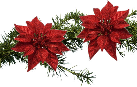 Cosy&Trendy Kerst bloemen 2x stuks kunststof rood - op clip - 18 cm - Kersthangers