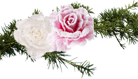 Cosy&Trendy Kerst bloemen op clip - 2x st - roze en wit - 10 cm - Kersthangers