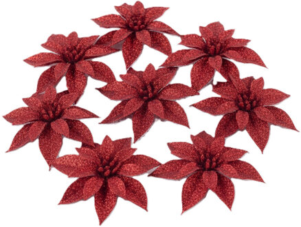 Cosy&Trendy Kerst decoratie bloemen - rozen - 6x - rood glitter - op ijzerdraad - 8 cm - kerststukje versiering