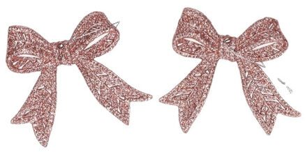 Cosy&Trendy Kerst strikjes - 2x st - roze - glitter - 11 cm - kunststof - kersthangers - kerstornamenten