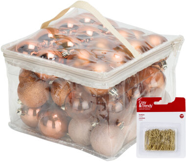 Cosy&Trendy Kerstballen - 48x st - koper - 6 cm - kunststof - met kerstbalhaakjes goud