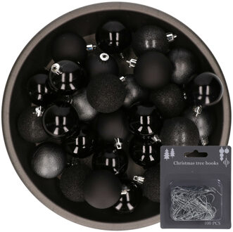 Cosy&Trendy Kerstballen - 48x st - zwart - 6 cm - kunststof - met kerstbalhaakjes zilver