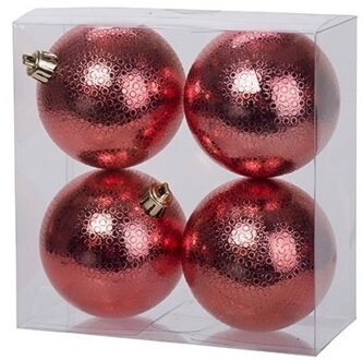 Cosy&Trendy Kerstballen - 4x st - rood - cirkel motief - d8 cm - kunststof - Kerstbal