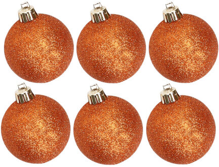 Cosy&Trendy Kerstballen - 6x st - oranje - glitters - D8 cm - kunststof - kerstversiering