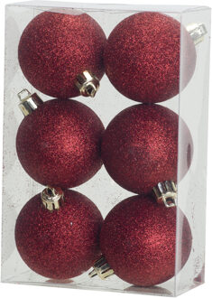 Cosy&Trendy Kerstballen - 6x st - rood - glitters - D6 cm - kunststof - kerstversiering