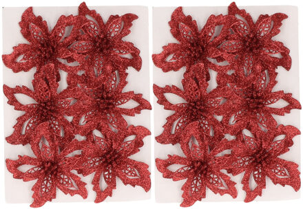 Cosy&Trendy Kerstboom bloemen op clip - 12x st - rood -glitter - 8 cm - polyester - roos