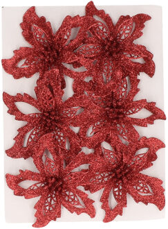 Cosy&Trendy Kerstboom bloemen op clip - 6x st - rood -glitter - 8 cm - polyester - roos