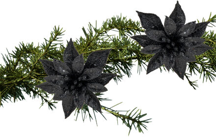 Cosy&Trendy Kerstboom decoratie bloemen op clip - 2x st- zwart - 8 cm - glitters - kunststof